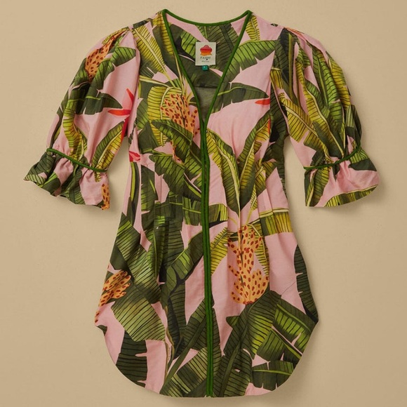 Sold Farm Rio Pink banana leavess v neck mini dress XS - Picture 7 of 7